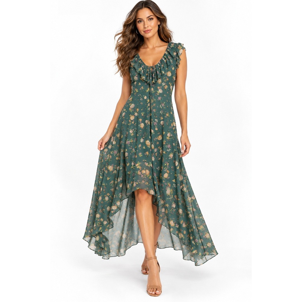 Steve Madden Hattie Green Floral Ruffle High Low Maxi Dress Large NWT
